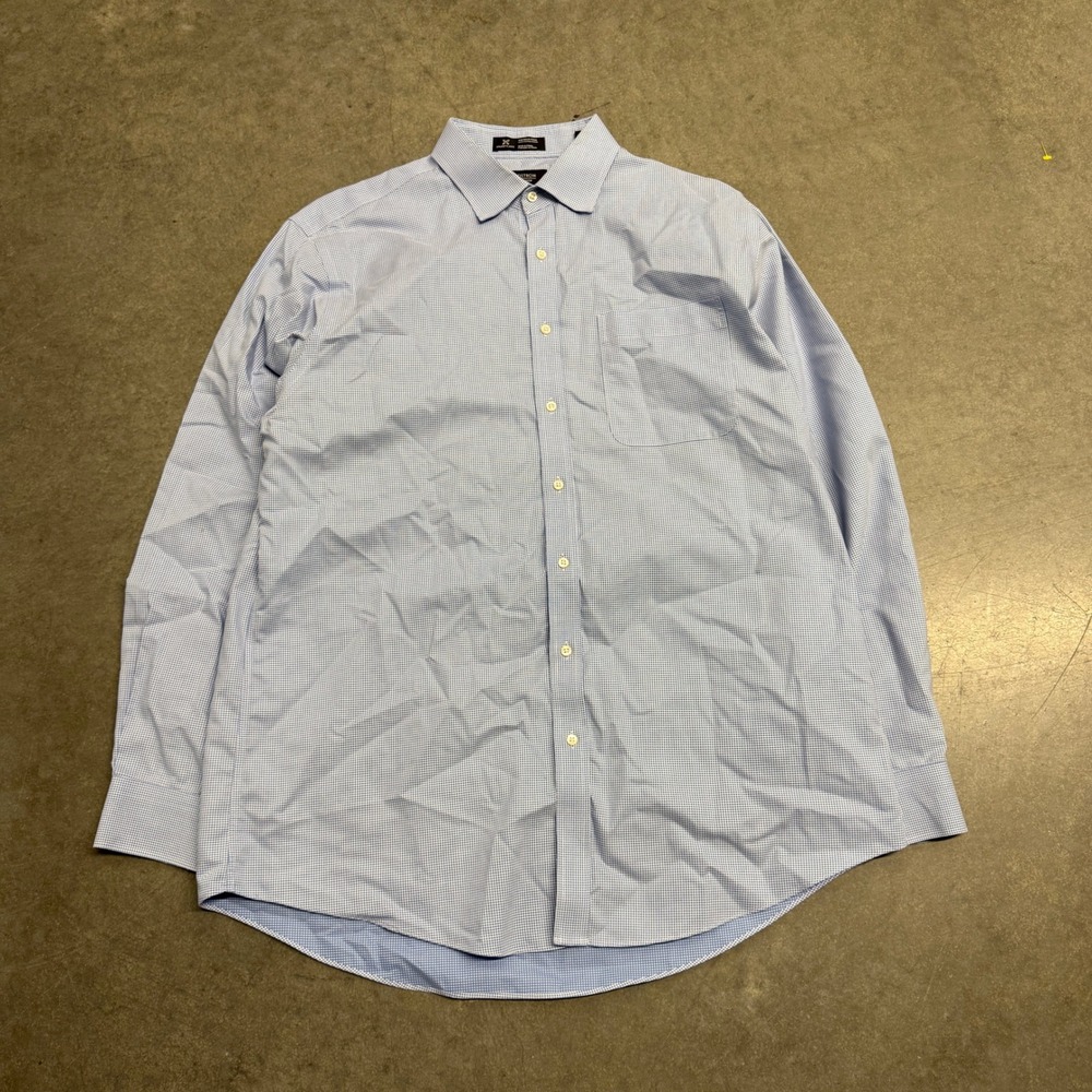Nordstrom Mens Shop Smartcare Dress Shirt 16.5 36 Blue White Micro Check Cotton